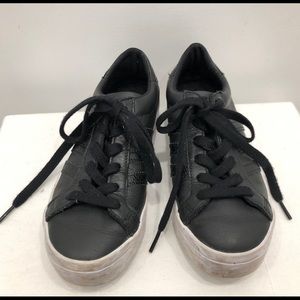 Adidas Black Leather 3 Stripes Sneakers.